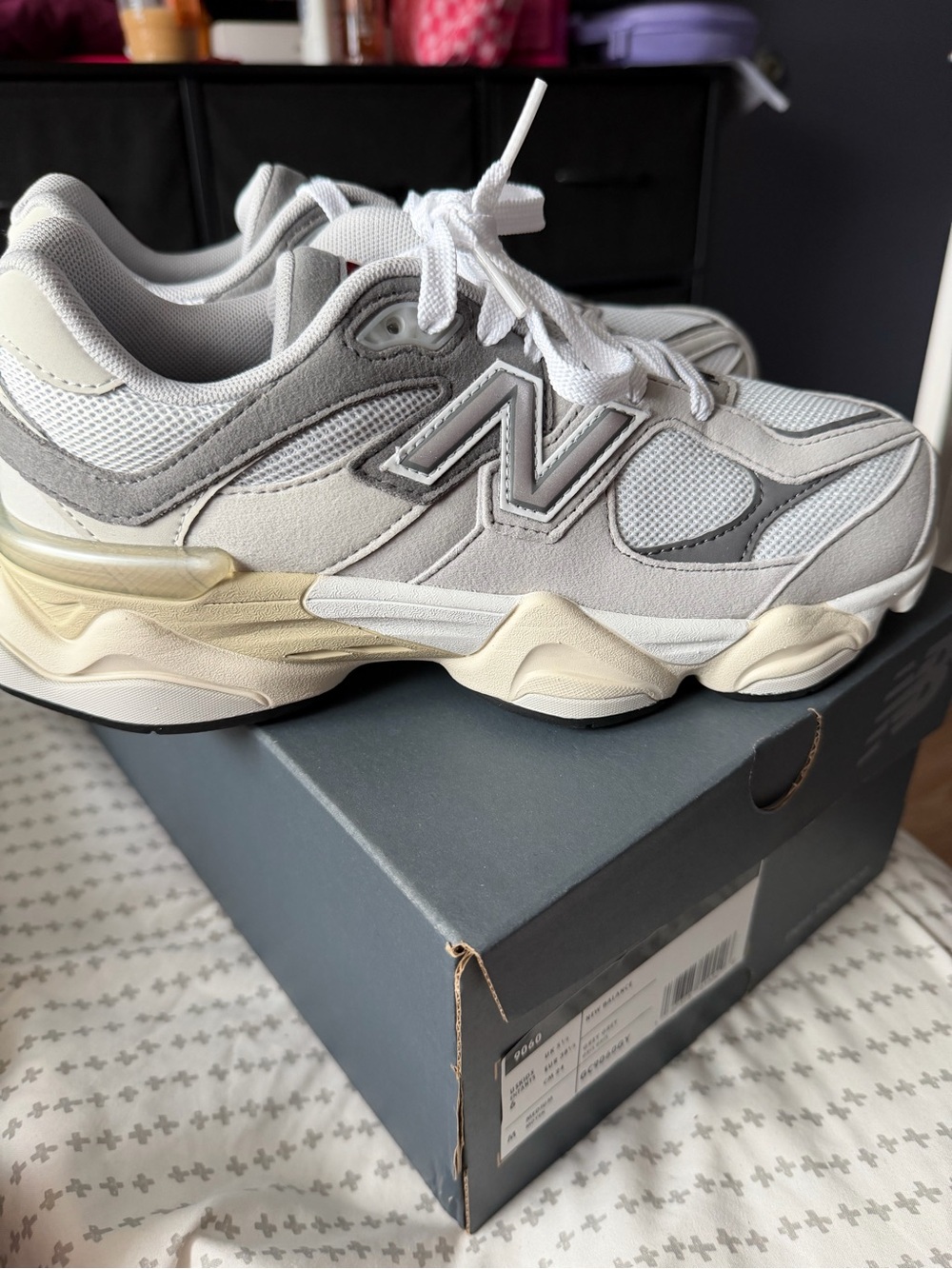New Balance Women's Chunky Sneaker in White and Light Gray with Cream Accents